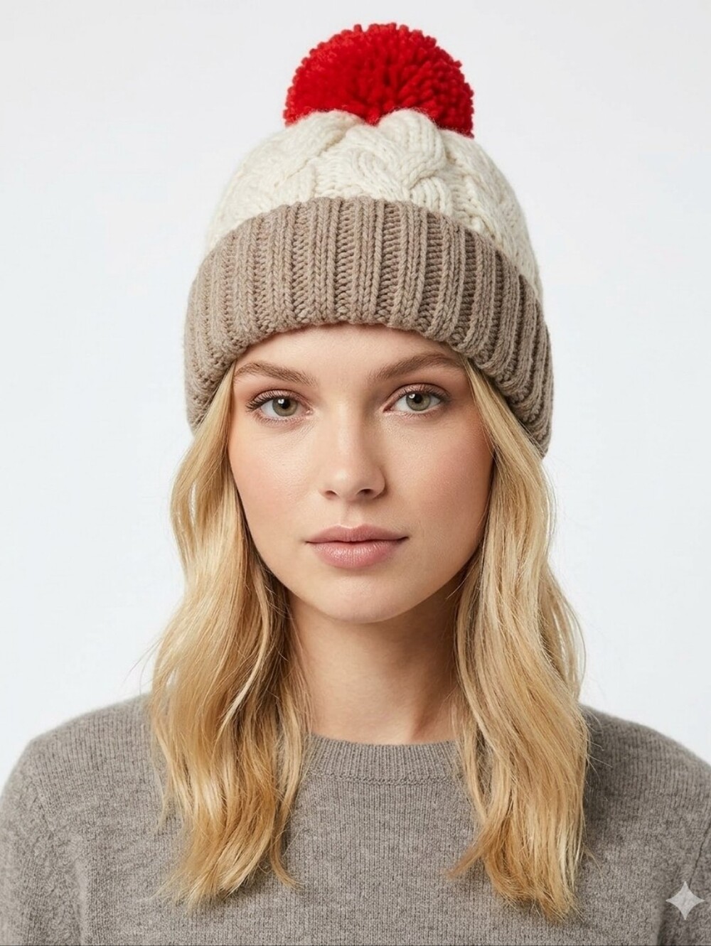 Melrose and Market Cable Knit Pom Pom Beanie Hat Brown White Red